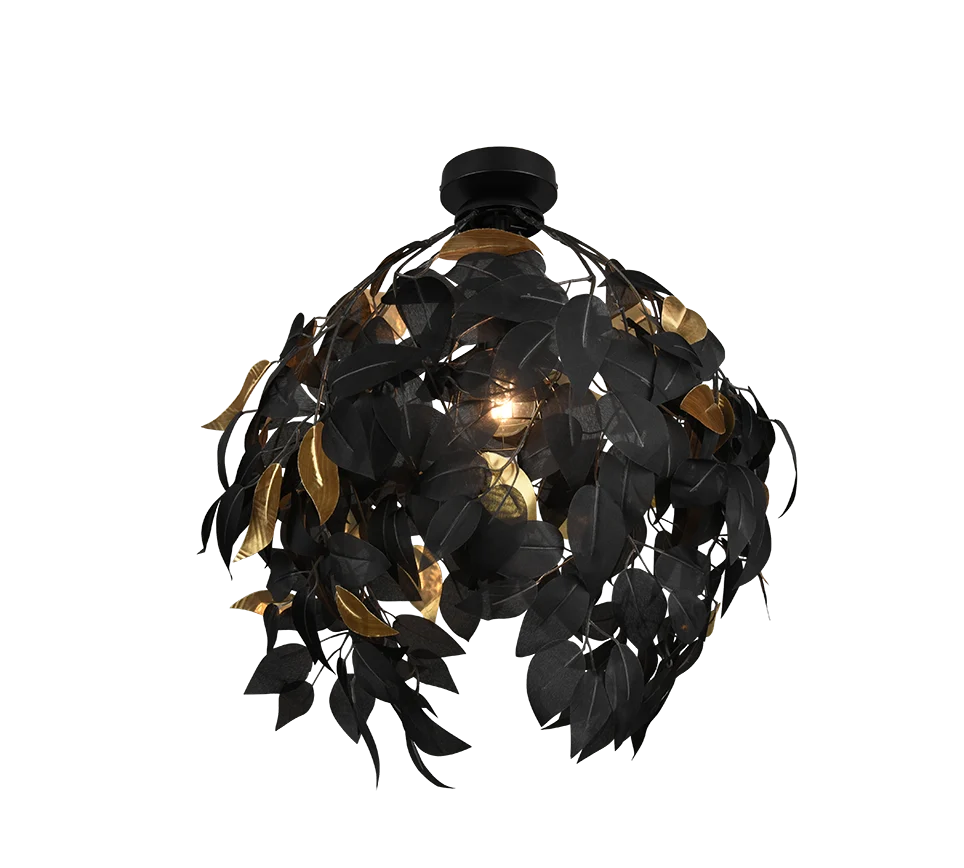 Plafondlamp Reilta mat zwart Ø38 cm met zwart-gouden bladeren en moderne uitstraling