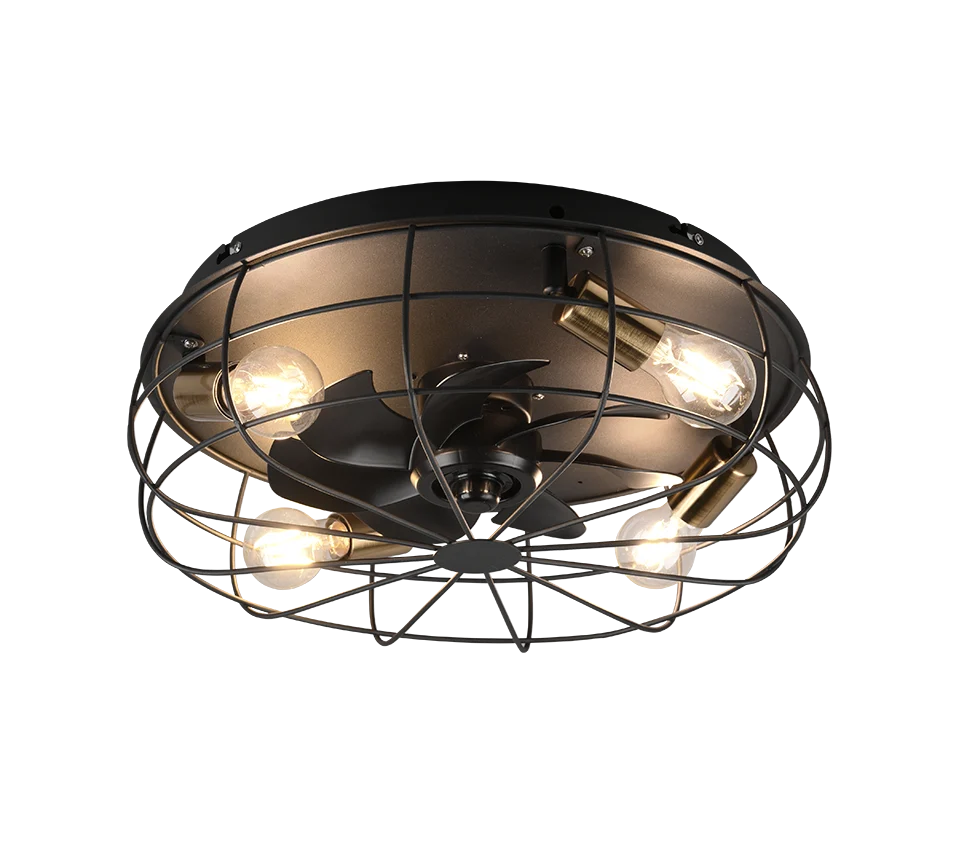 Ventilator Klaulino matzwart met metalen kooi en geïntegreerde verlichting voor plafondmontage
