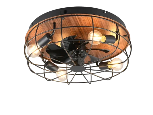 Ventilator Nirello Metaal Mat Zwart met houten accenten, cage-ontwerp en ingebouwde lampen