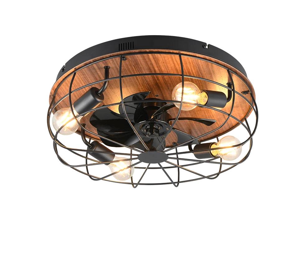 Ventilator Nirello Metaal Mat Zwart met houten accenten, cage-ontwerp en ingebouwde lampen