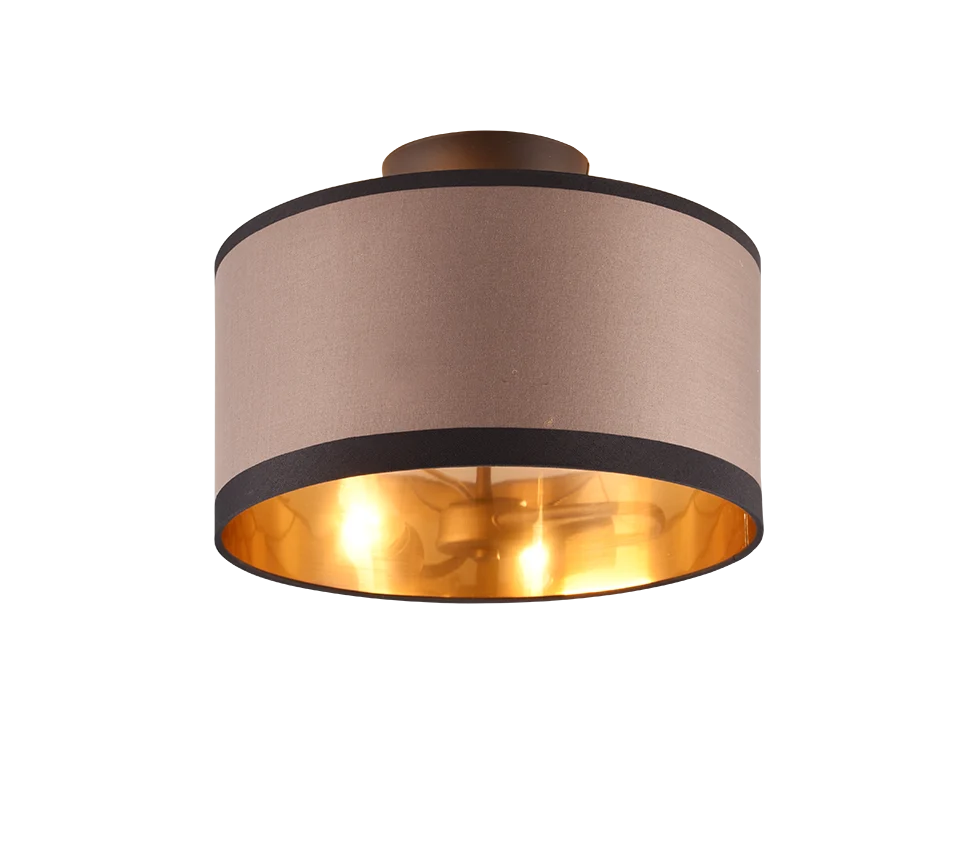Plafondlamp Ingrid matzwart Ø30 cm met taupe textielen kap en warme gouden binnenkant