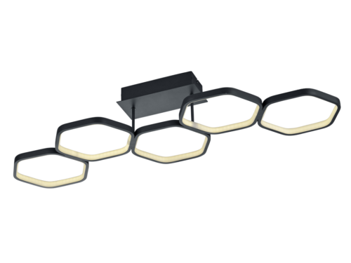 Plafondlamp Daavel antraciet, moderne LED met vijf hexagonale lichtarmen en warm wit licht