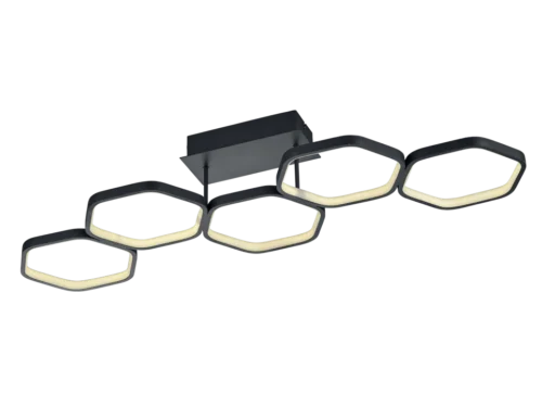 Plafondlamp Daavel antraciet, moderne LED met vijf hexagonale lichtarmen en warm wit licht