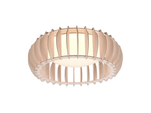 Plafondlamp Netura Wit Ø40 cm met wit kunststof en houtkleurige lamellen, warme LED-verlichting