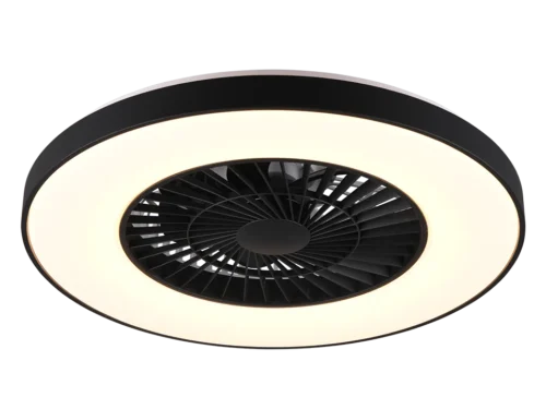 HALMSTADT zwarte plafondventilator met geïntegreerde LED-ring en modern rond design