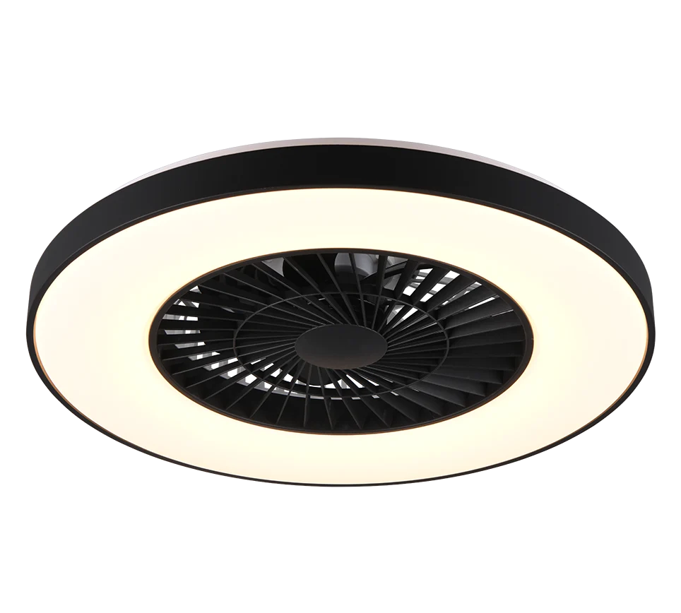 HALMSTADT zwarte plafondventilator met geïntegreerde LED-ring en modern rond design