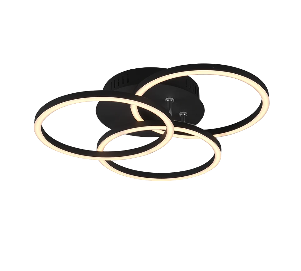 Plafondlamp Prunsond mat zwart met drie LED-ringen en warm wit licht