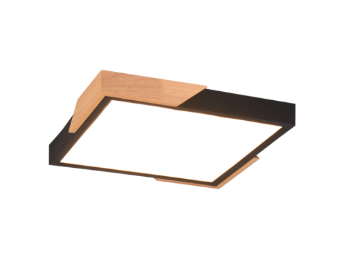 Plafondlamp Slaanun mat zwart met houtaccenten en geïntegreerde LED, strak en modern design