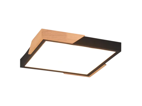 Plafondlamp Slaanun mat zwart met houtaccenten en geïntegreerde LED, strak en modern design