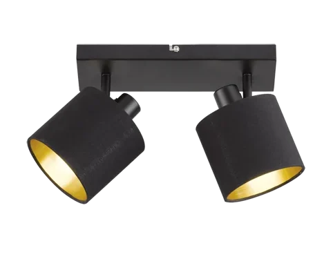 Spotlamp Jeebang matzwart met twee draaibare spots en goudkleurige lampenkappen voor warme verlichting