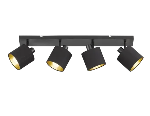 Spotlamp Trurrin mat zwart met vier draaibare spots en goudkleurige binnenkant