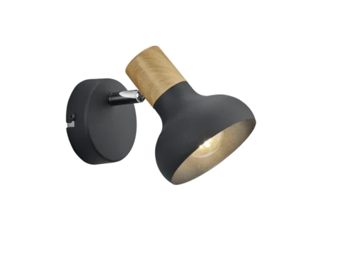 Spot Cilvos matzwart Ø10 cm met houtaccent, moderne metalen wandspot met verstelbare kap