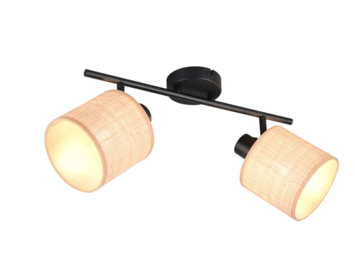 Spot Stauni Mat Zwart plafondlamp met matzwarte armatuur en twee zeegras kappen in warme natuurlijke tinten