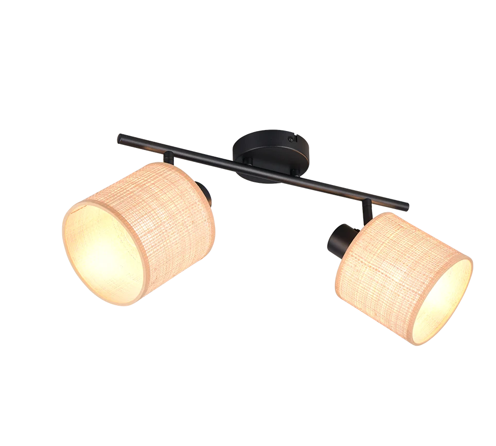 Spot Stauni Mat Zwart plafondlamp met matzwarte armatuur en twee zeegras kappen in warme natuurlijke tinten
