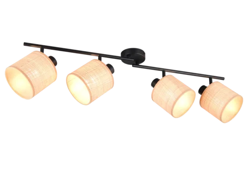 Spot Jonnik Mat Zwart met 4 draaibare lampen en zeegras kappen, modern zwart met warm licht