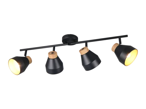 Spot Sauwerd mat zwart Ø11 cm, vier draaibare spots met houtaccent en gericht licht