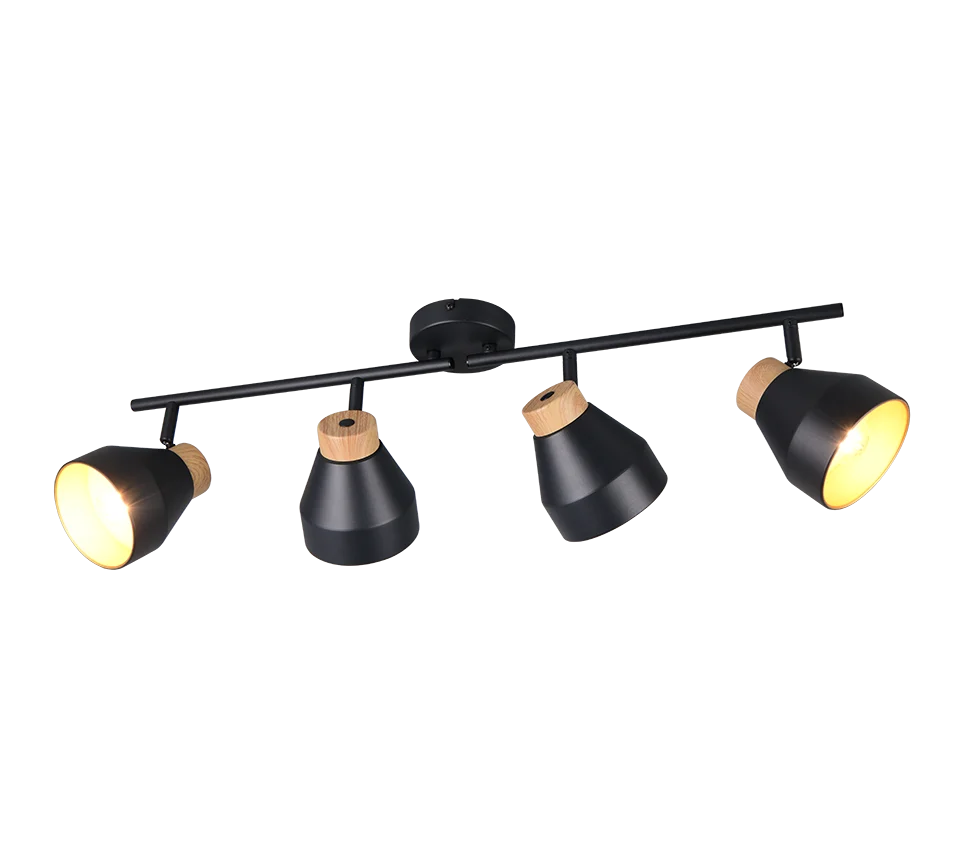 Spot Sauwerd mat zwart Ø11 cm, vier draaibare spots met houtaccent en gericht licht