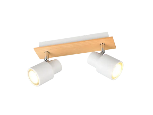 Spotlamp Deennang Mat Wit, witte plafondspot met 2 draaibare GU10-spots en houten detail