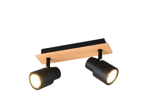 Spotlamp Foondu Mat Zwart, dubbele plafondspot met houten basis en 2 verstelbare zwarte spots