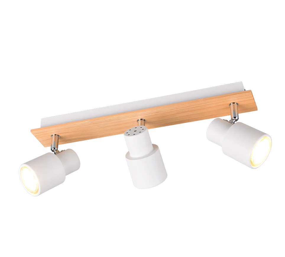 Spotlamp Rabol Mat Wit met houten plaat en 3 verstelbare GU10-spots voor gericht licht