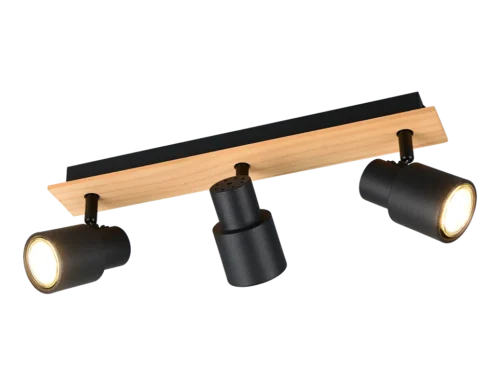 Spotlamp Timane matzwart met houten balk en drie verstelbare GU10-spots