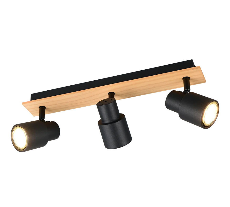 Spotlamp Timane matzwart met houten balk en drie verstelbare GU10-spots