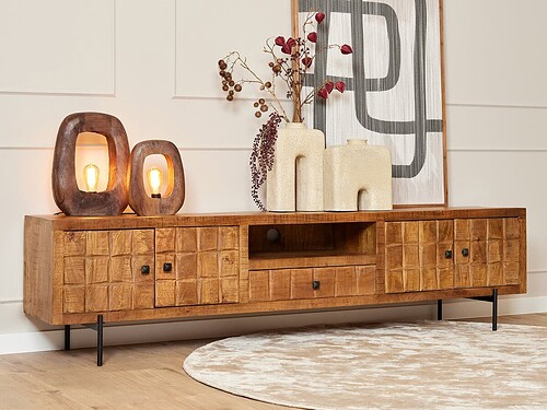 TV-meubel Roros mangohout 220 cm met ingelegd blokkenpatroon, open vak en opberglades, in warm interieur