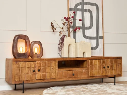 TV-meubel Roros mangohout 220 cm met ingelegd blokkenpatroon, open vak en opberglades, in warm interieur