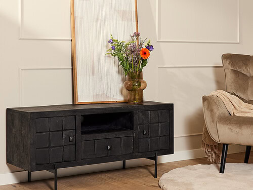 TV-meubel Palea Zwart 120 cm met mangohout, metalen poot, open vak, lade en deurtjes in blokpatroon