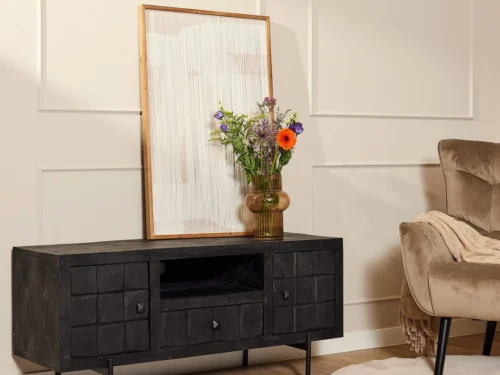 TV-meubel Palea Zwart 120 cm met mangohout, metalen poot, open vak, lade en deurtjes in blokpatroon