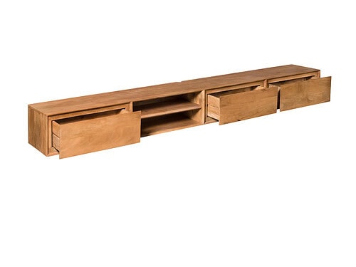 TV-meubel Rurdio naturel van mangohout, 280 cm breed, met open vakken en vier lades
