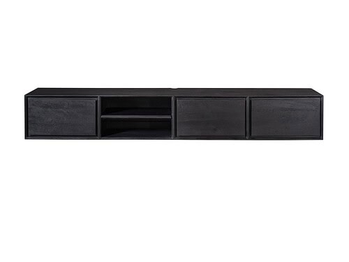 TV-meubel Graunnano Zwart 200 cm met twee open vakken en drie greeploze lades, strak mangohout design