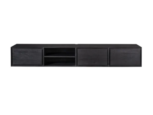 TV-meubel Graunnano Zwart 200 cm met twee open vakken en drie greeploze lades, strak mangohout design