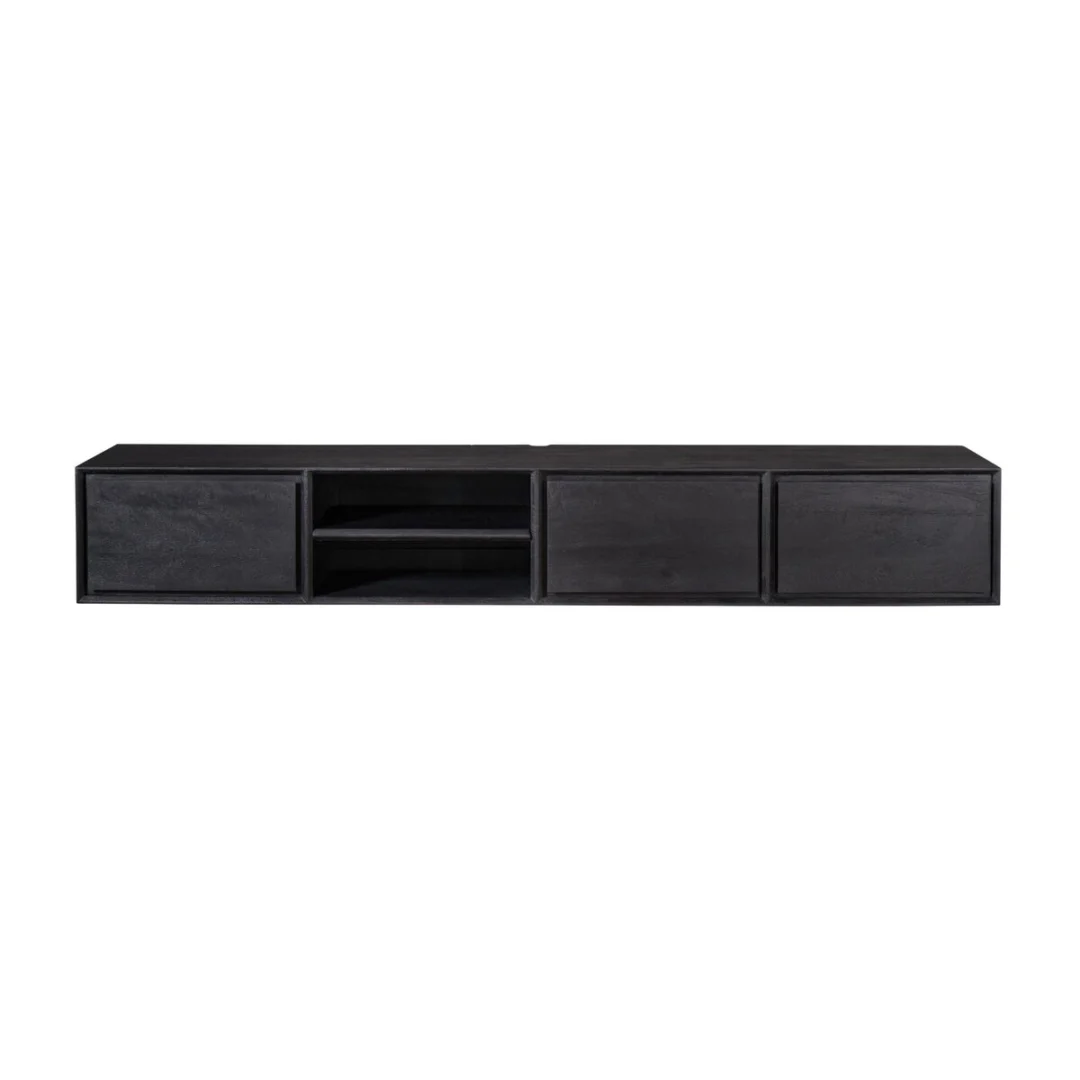 TV-meubel Graunnano Zwart 200 cm met twee open vakken en drie greeploze lades, strak mangohout design