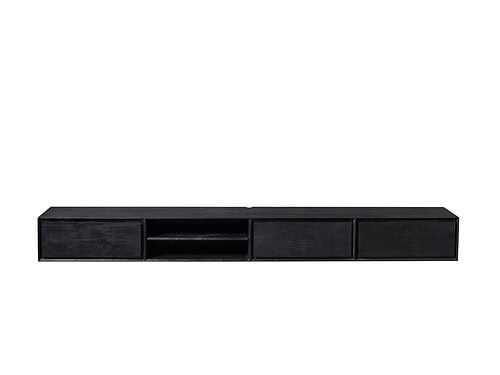 Zwart TV-meubel Taulvello 280 cm met mangohouten afwerking en open middenvak, strak en handgemaakt