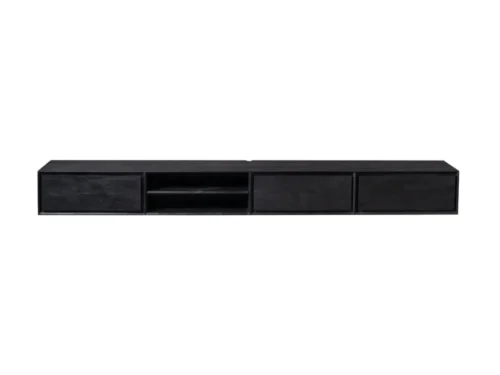 Zwart TV-meubel Taulvello 280 cm met mangohouten afwerking en open middenvak, strak en handgemaakt