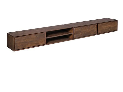 TV-meubel Naumek bruin mangohout 240 cm met strakke lijnen, open vak en opbergruimte