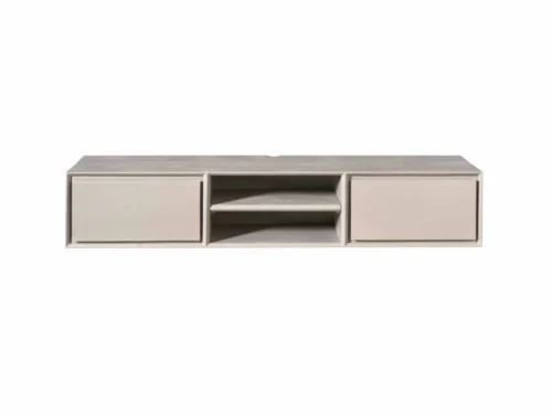 TV-meubel Neintar taupe mangohout 160 cm met 2 deuren en open vakken, handgemaakt en strak design