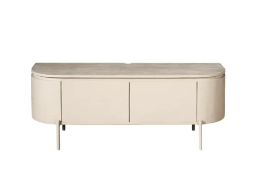 TV-meubel Virmen Zand 120 cm met afgeronde vorm, mangohout-look en metalen onderstel in lichte zandkleur