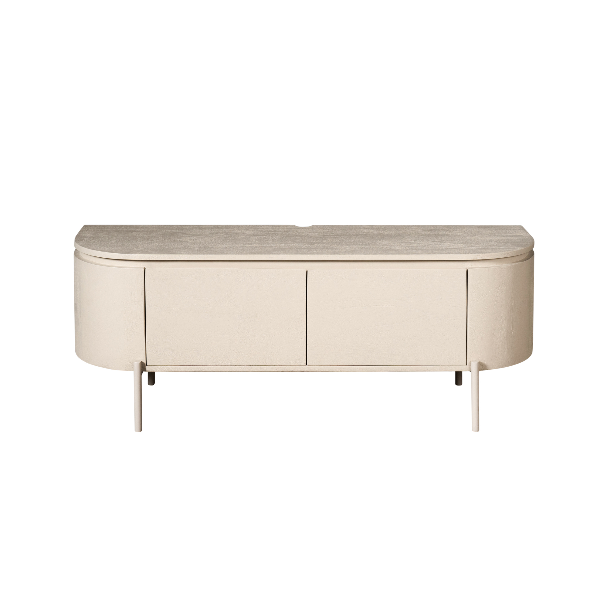 TV-meubel Virmen Zand 120 cm met afgeronde vorm, mangohout-look en metalen onderstel in lichte zandkleur
