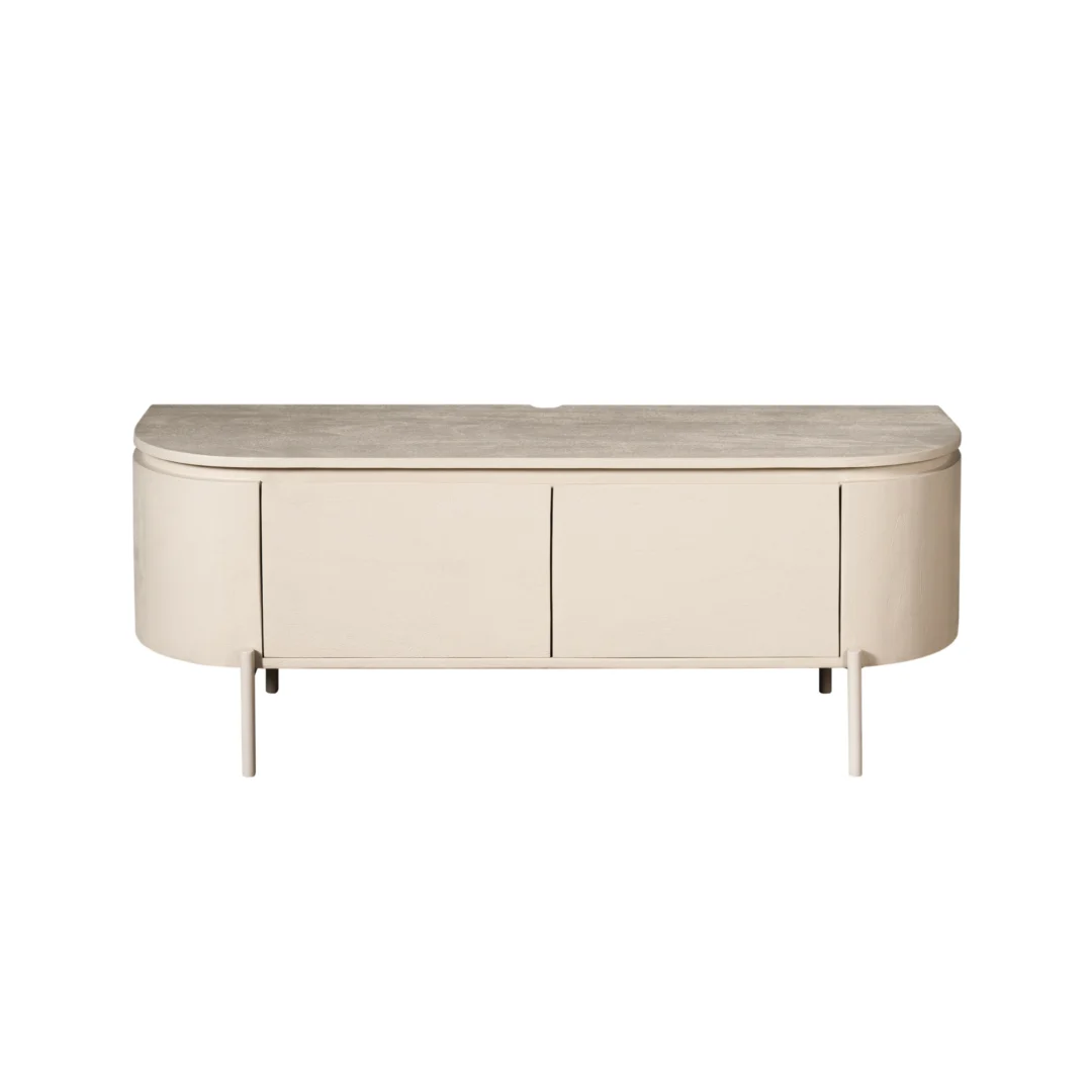 TV-meubel Virmen Zand 120 cm met afgeronde vorm, mangohout-look en metalen onderstel in lichte zandkleur