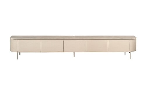 TV-meubel Neli Zand 280 cm met zandkleurige afwerking, mangohouten blad en strakke ronde vormen
