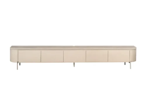 TV-meubel Neli Zand 280 cm met zandkleurige afwerking, mangohouten blad en strakke ronde vormen