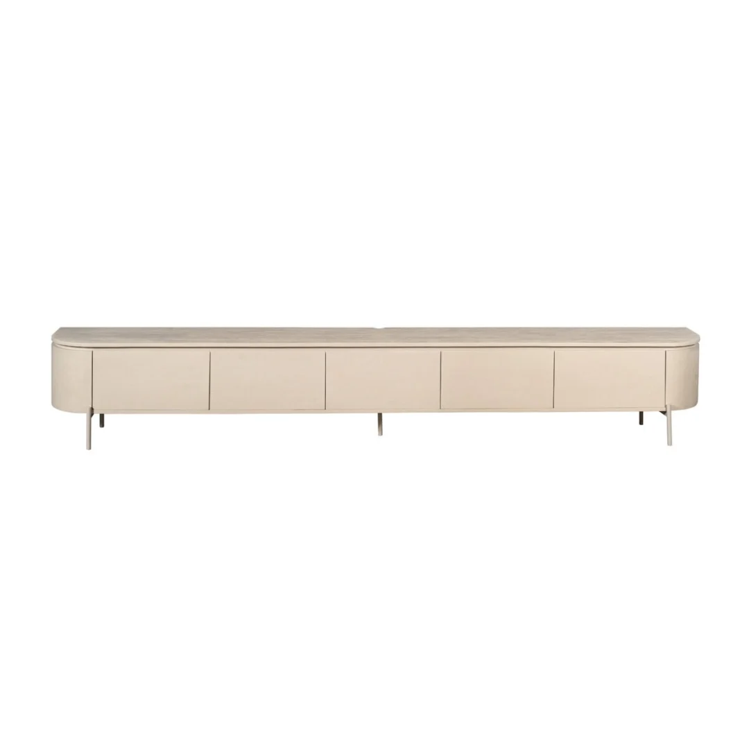 TV-meubel Neli Zand 280 cm met zandkleurige afwerking, mangohouten blad en strakke ronde vormen