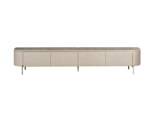 TV-meubel Trirnella taupe 240 cm van mangohout met strak slank design en vier deuren