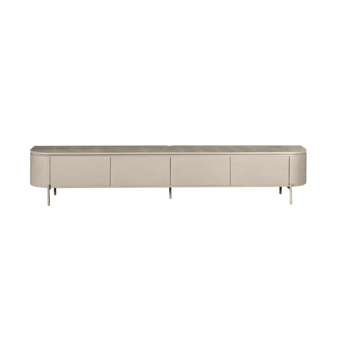 TV-meubel Trirnella taupe 240 cm van mangohout met strak slank design en vier deuren