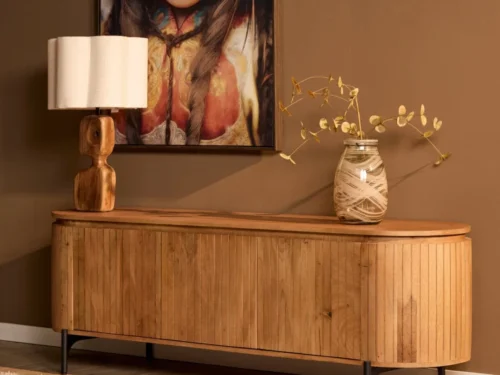 TV-meubel Stoolvena Naturel 165 cm van mangohout met lattenpatroon en metalen poten in warme woonkamerstijl