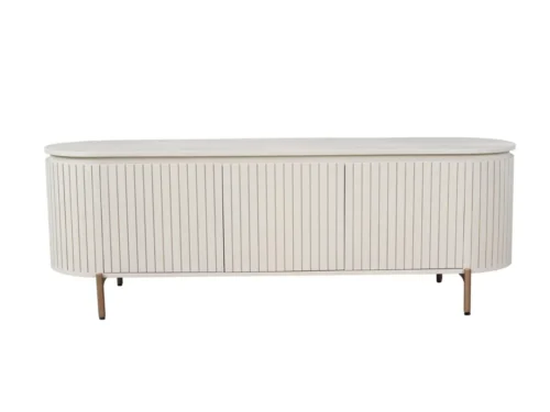 TV-meubel Flatin Zand 165 cm met ronde vormen, verticale groeven en slanke metalen poten