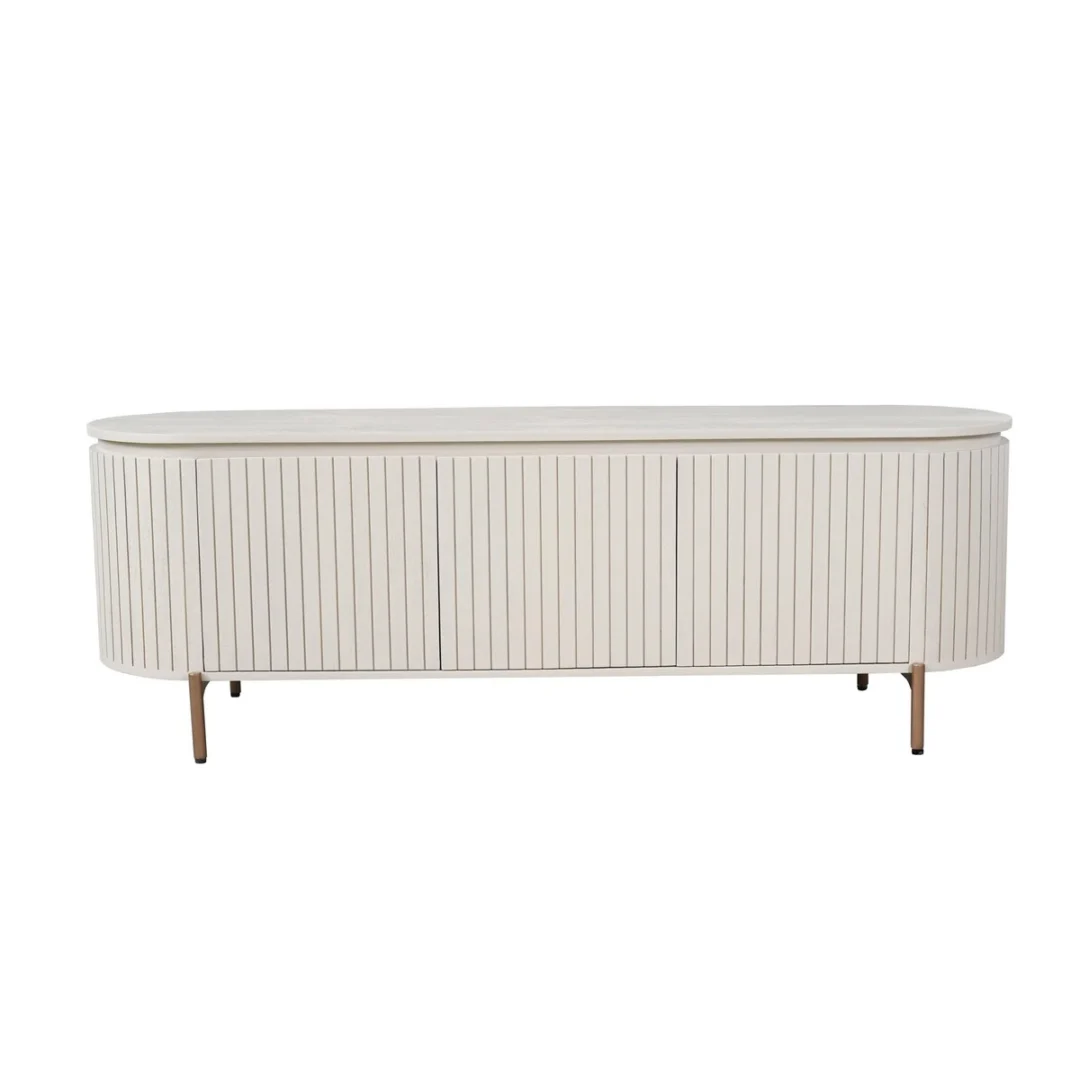 TV-meubel Flatin Zand 165 cm met ronde vormen, verticale groeven en slanke metalen poten