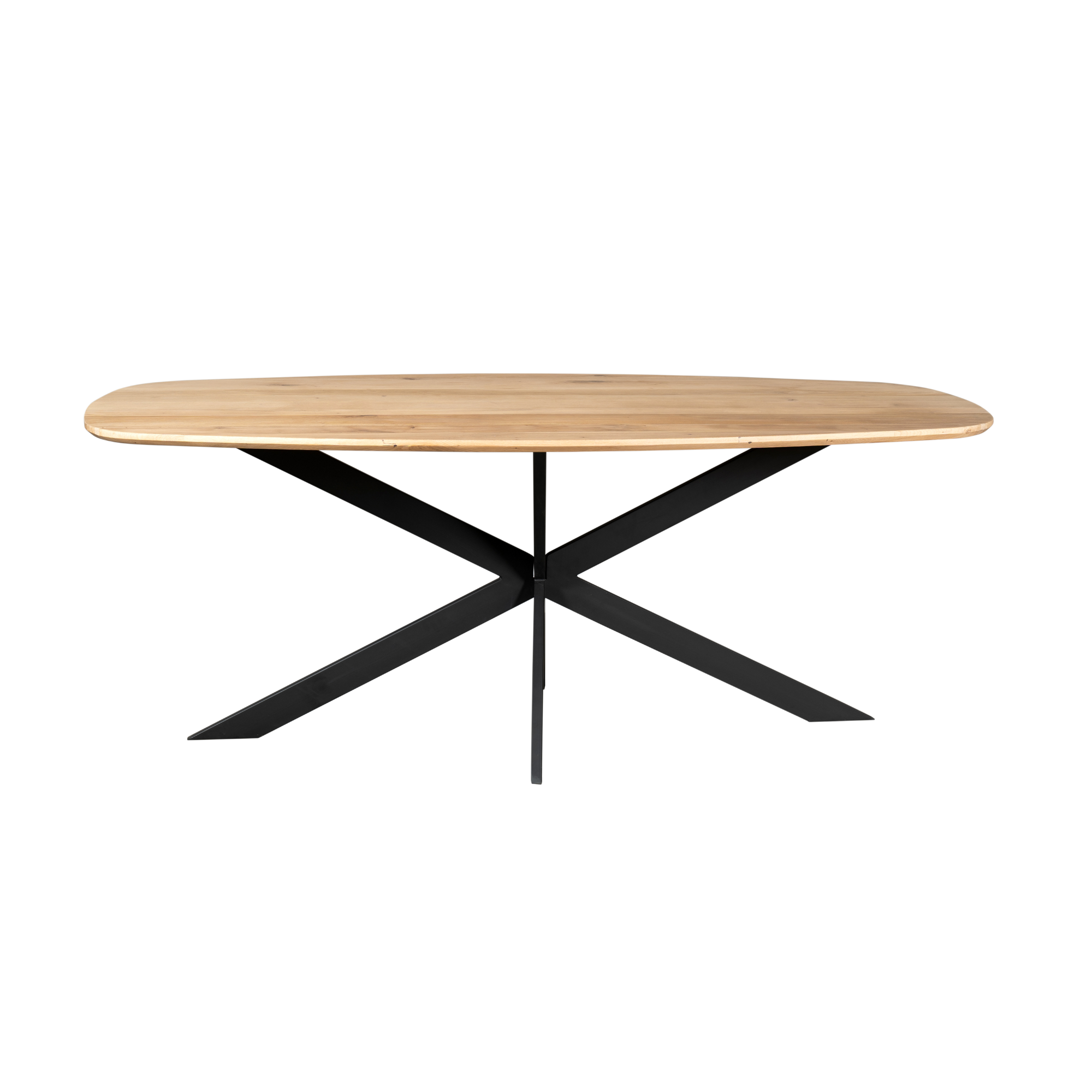 Eettafel Liedio Metaal 200 cm met naturel blad en zwart metalen kruispoot, stoer en ruim design